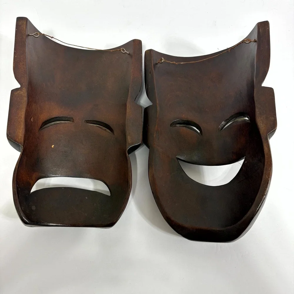 2 Vintage Hand Carved Wood Comedy Tragedy Drama Masks Natural Varnished Wall Art